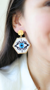 HEXAGONAL EVIL EYE EARRINGS