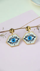 HEXAGONAL EVIL EYE EARRINGS